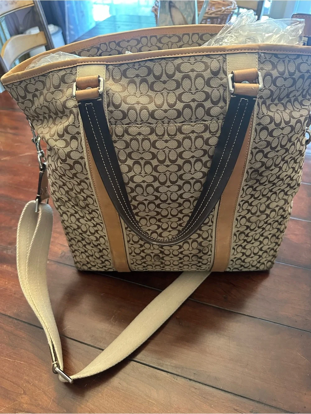 Coach Signature Canvas Tote with Tan Trim and Dark Brown Handles